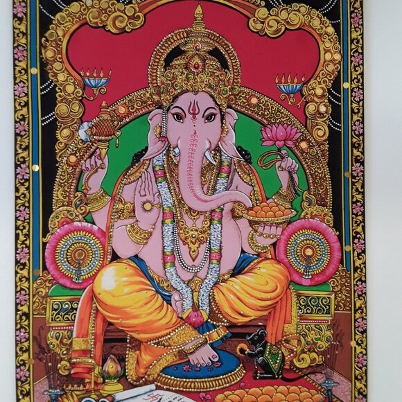 Lord Ganesha Deity Sequin Tapestry Indian God Batik Cotton Wall Hanging 43"x30" - Picture 2 of 6